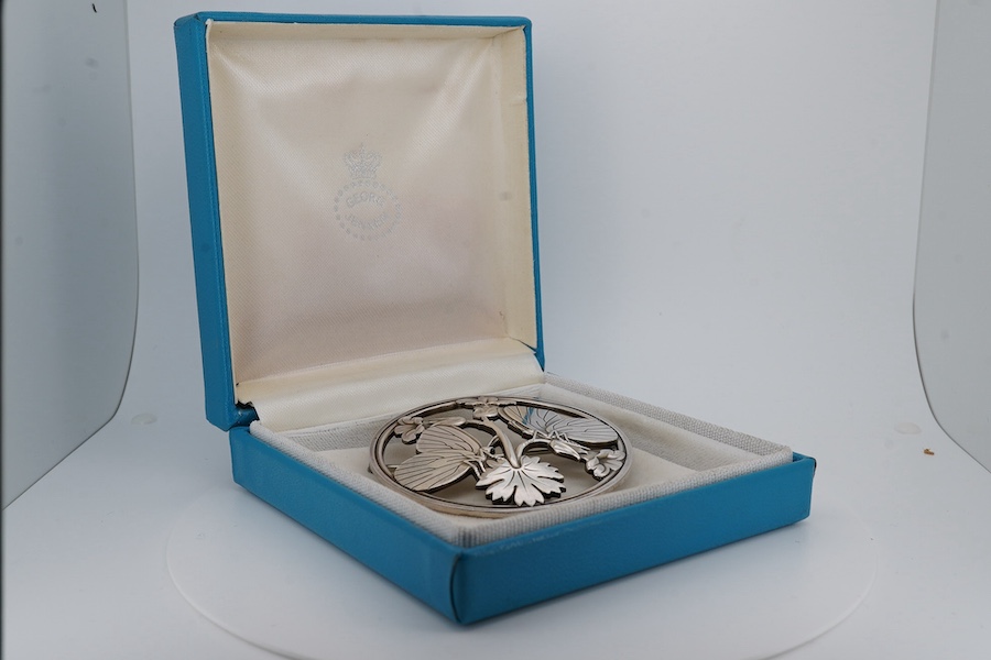 A Georg Jensen sterling moth and leaf circular brooch, design no. 283, 55mm, with Georg Jensen box. Condition - fair to good